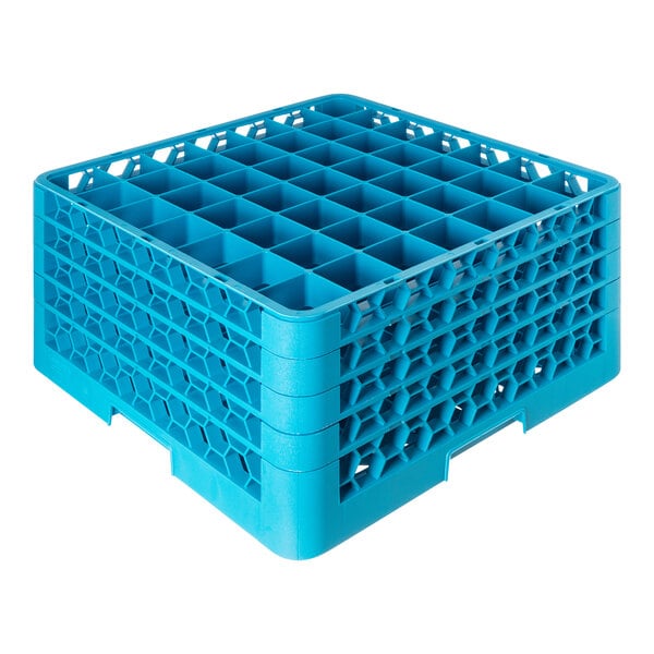 A blue glass rack with 49 compartments and 4 extenders designed for washing and storing glassware.