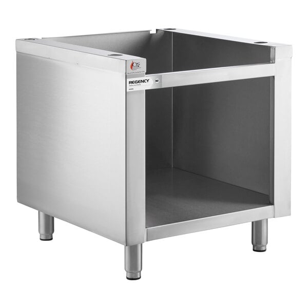A stainless steel open base equipment stand with four legs and an open front, designed for commercial kitchen use.