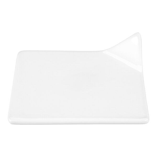 A white porcelain square plate with a small handle on one corner.