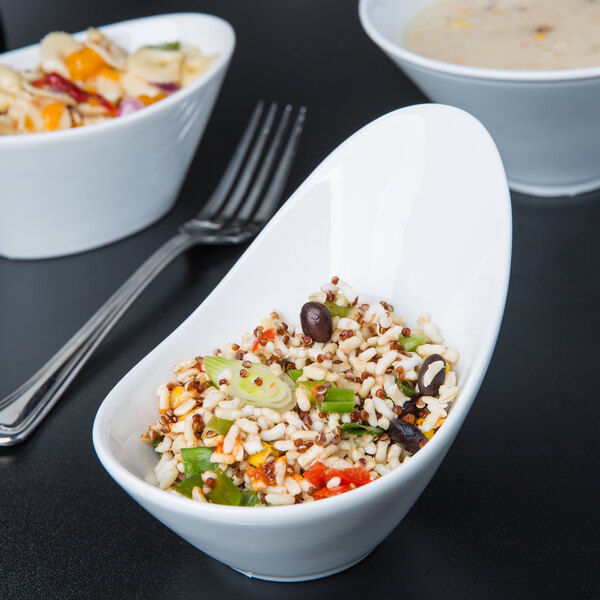 A bowl of rice and vegetables in a Libbey ultra bright white porcelain bowl.