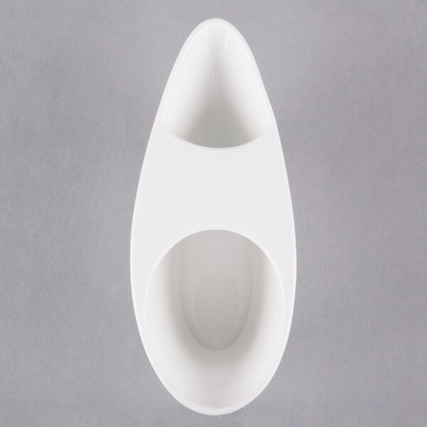 A Libbey ultra bright white porcelain bar snack dispenser with a handle on top.