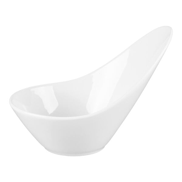 A white porcelain bowl with a modern, asymmetrical design and a high back.