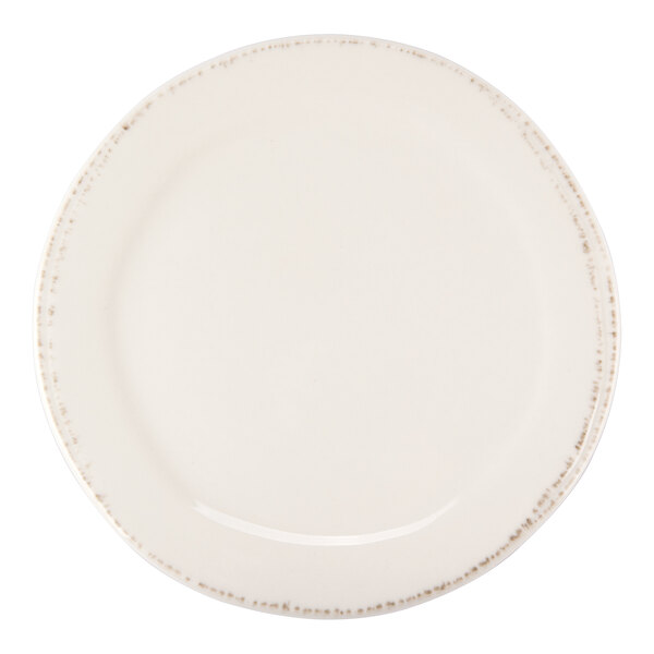 A round cream-colored porcelain plate with a medium rim and subtle speckled edge detailing.