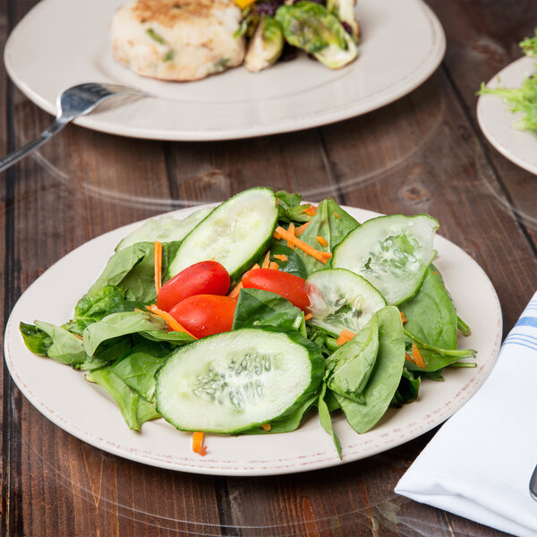 A Libbey Farmhouse ivory porcelain plate with a salad of cucumbers and tomatoes and a fork.