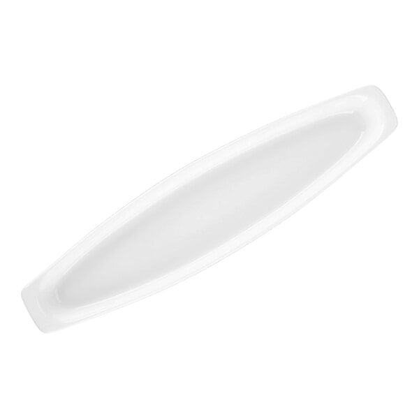 A long, narrow, white porcelain canoe tray.