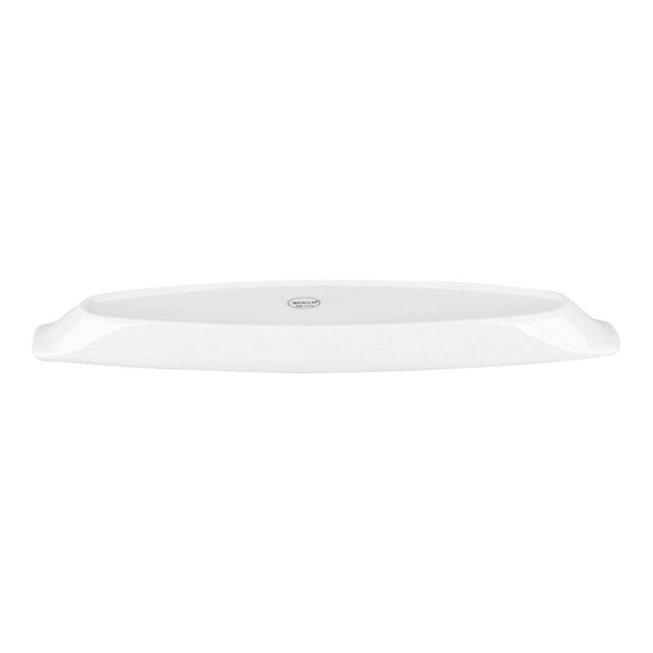 A long, narrow, ultra bright white porcelain canoe tray.