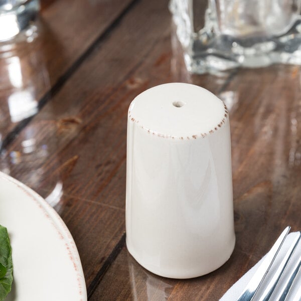 A plate with a Libbey Farmhouse ivory salt shaker on it.