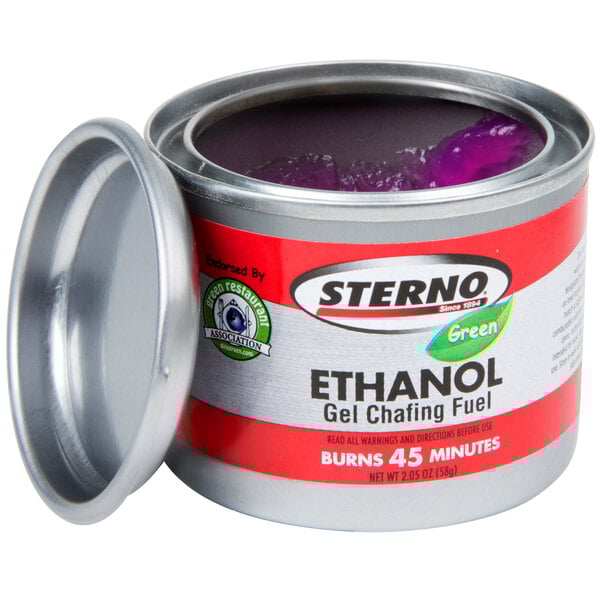 A Sterno ethanol gel chafing dish fuel canister with a lid open.