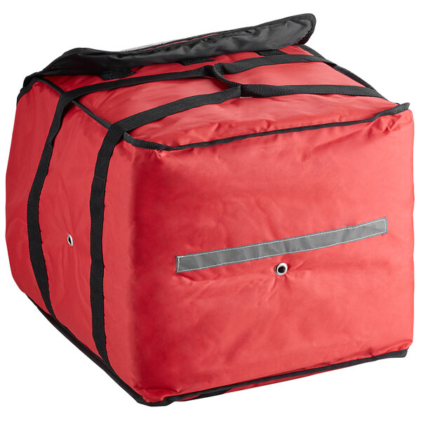 A red ServIt insulated pizza delivery bag with black straps and a zipper.