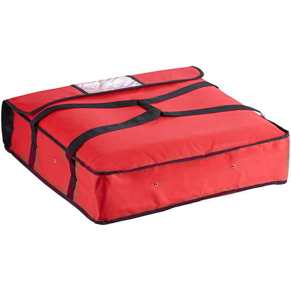 A red insulated Choice pizza delivery bag with black straps and a zipper.