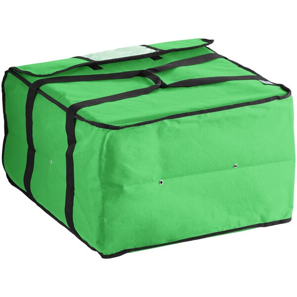 A green Choice insulated pizza delivery bag with black straps.