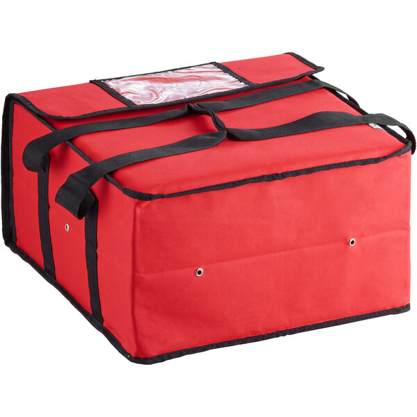 A red insulated pizza delivery bag with black straps.