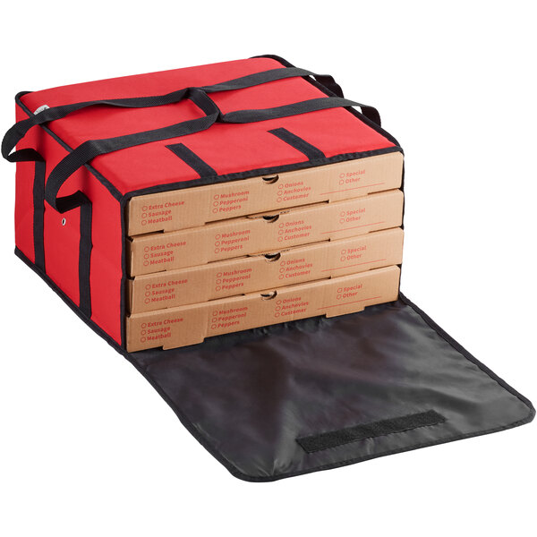 A red nylon Choice insulated pizza delivery bag with black trim holding four pizza boxes.