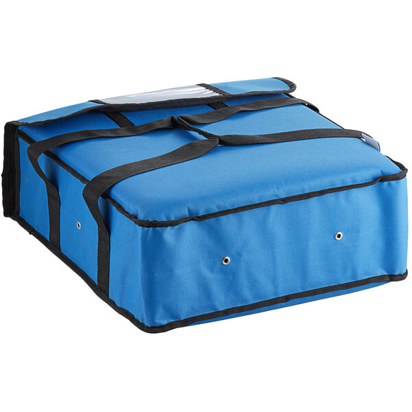 A blue insulated pizza delivery bag with black straps.