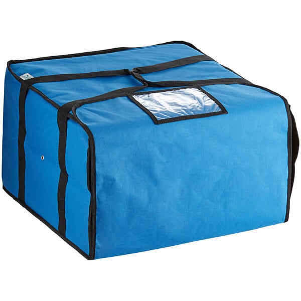 A blue Choice insulated pizza delivery bag with black straps and a zipper.