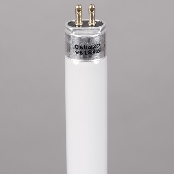 A white rectangular Satco T5 fluorescent light bulb with a gold cap.