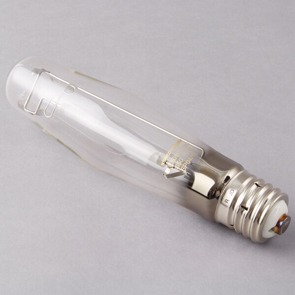 A Satco high pressure sodium light bulb with a clear finish on a white background.