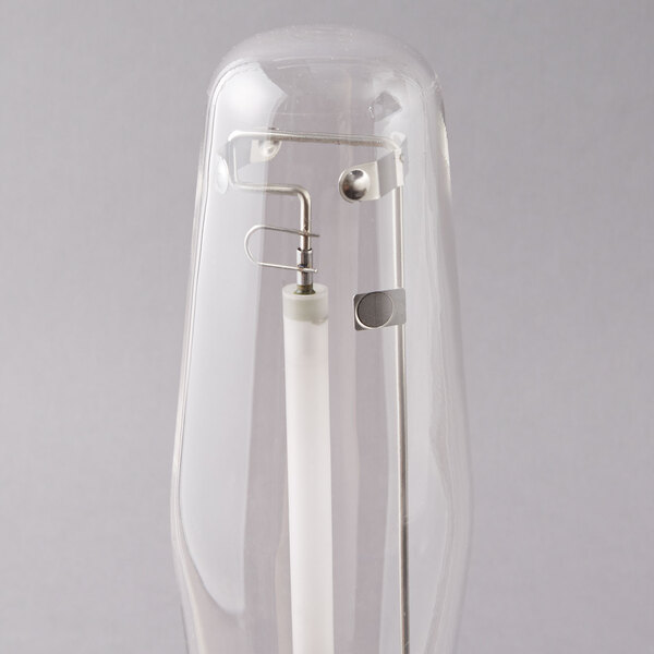 A clear glass Satco high pressure sodium light bulb with a white tube inside.