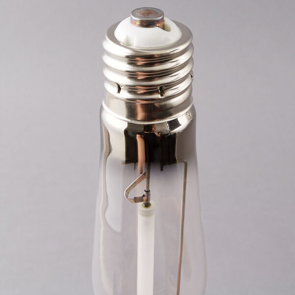 A Satco high pressure sodium light bulb with a yellow finish and white base.
