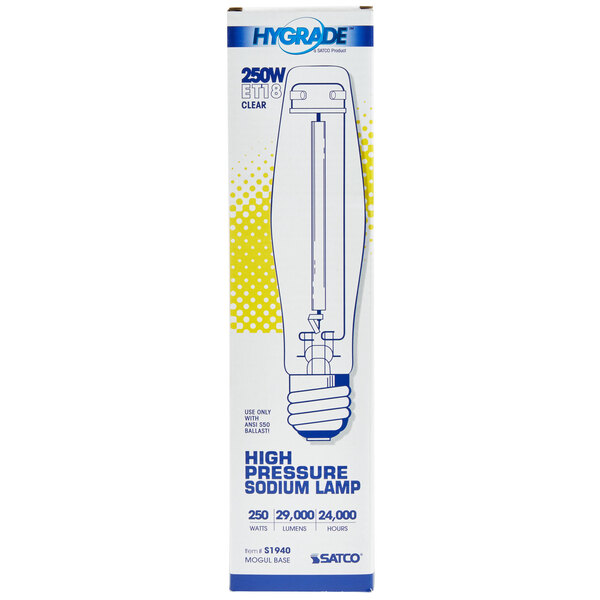 A package of Satco high pressure sodium light bulbs with a diagram of the light bulb on the box.