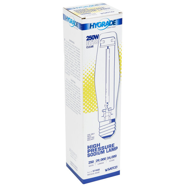 A white box with blue and yellow text reading "Satco S1940 250 Watt Warm Yellow Clear Finish High Pressure Sodium HID Light Bulb"
