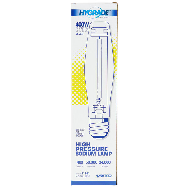 A box of Satco high pressure sodium light bulbs on a white background.