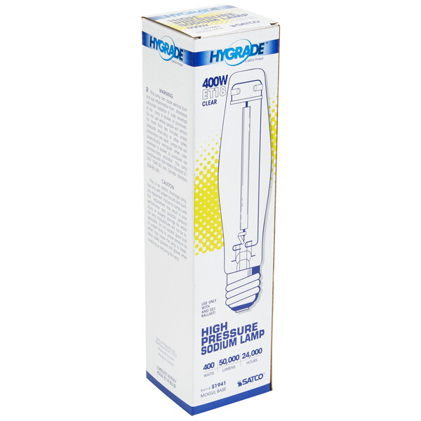 A white box with blue and yellow text and a drawing of a Satco high pressure sodium light bulb.