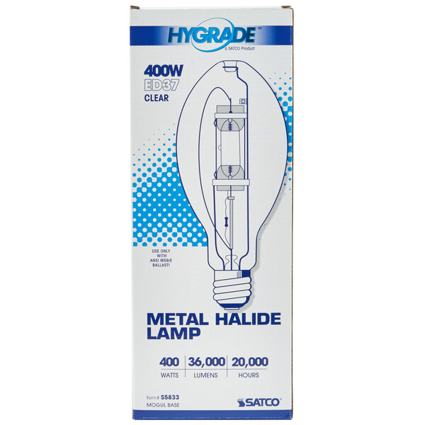 A box of Satco metal halide light bulbs.