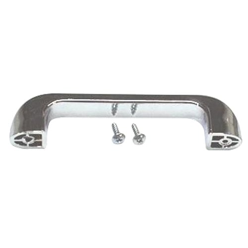 A chrome metal True lid handle with screws.