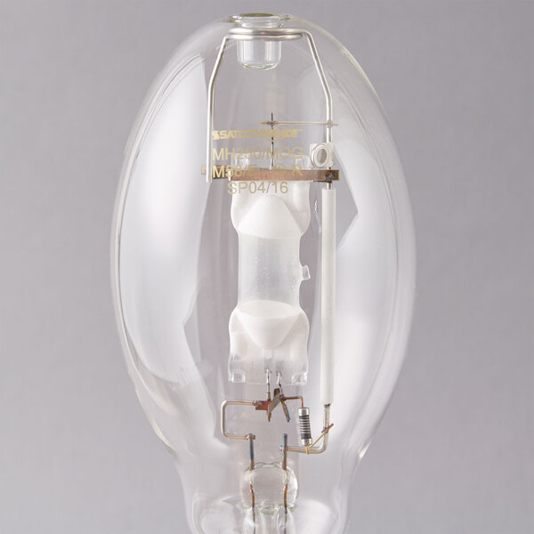 A close-up of a clear Satco metal halide light bulb with a wire inside.