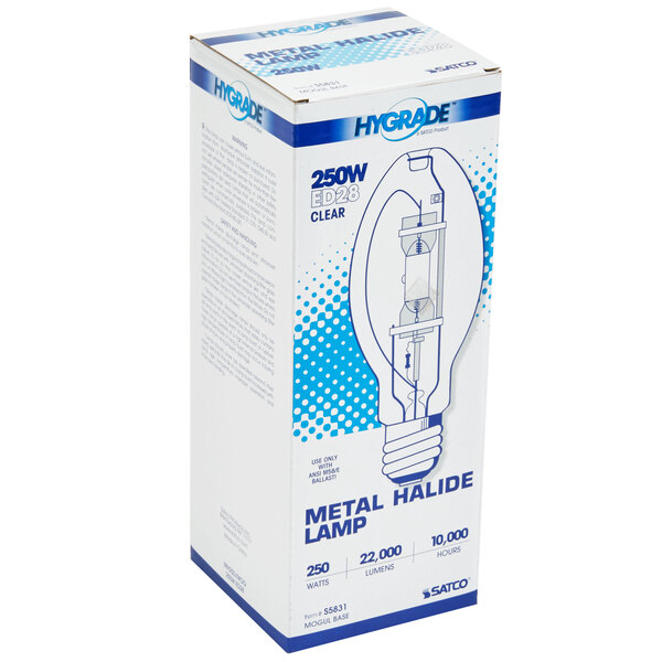 A white box with blue and white text for Satco S5831 250 Watt Cool White Clear Finish Metal Halide HID Light Bulb.