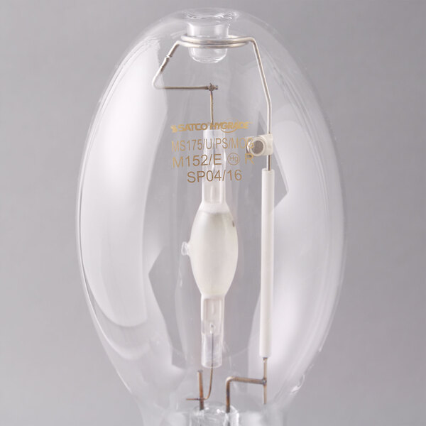 A clear Satco metal halide light bulb with a white base.