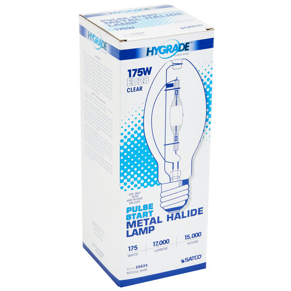 A white box with blue and white text containing a Satco Metal Halide light bulb.
