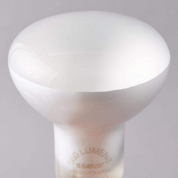 A close up of a Satco 45 watt warm white halogen light bulb with a label.