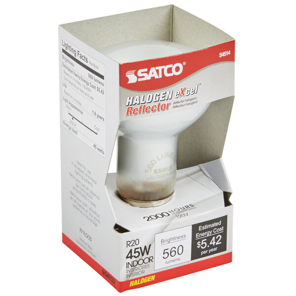 A Satco 45 watt warm white frosted halogen flood light bulb in a box.