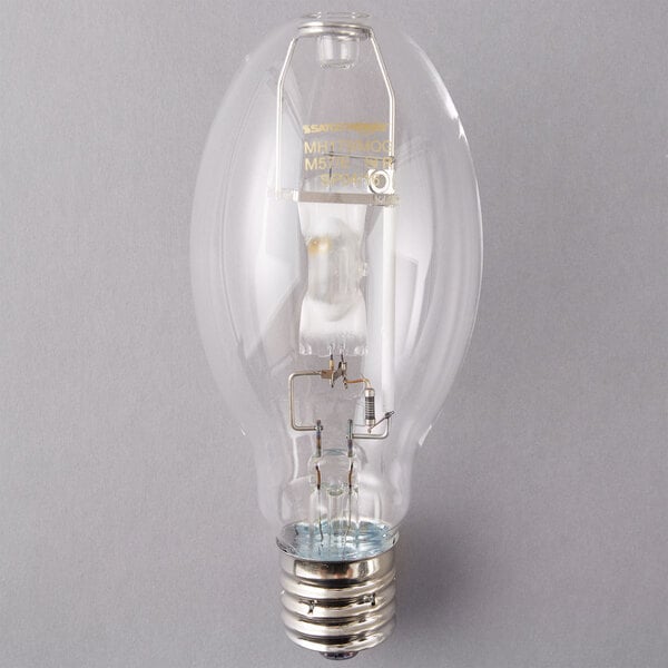 A Satco metal halide light bulb with a clear glass cover and base.