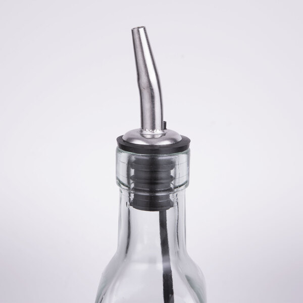 A Tablecraft glass olive oil cruet with a metal pourer.