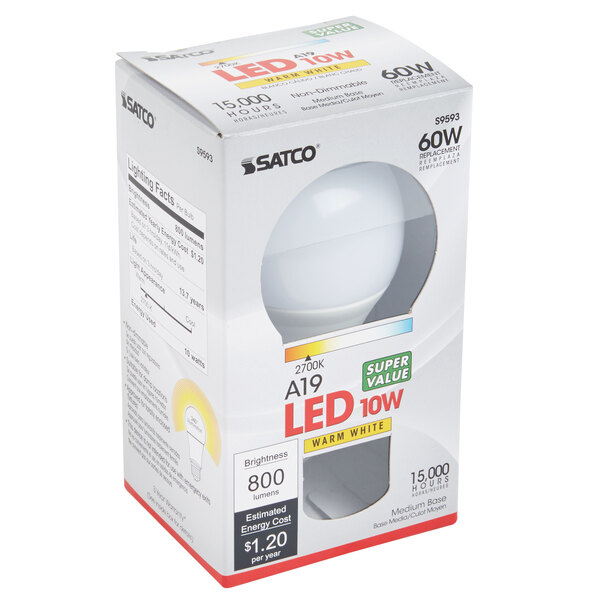 A white Satco LED light bulb in a white box.