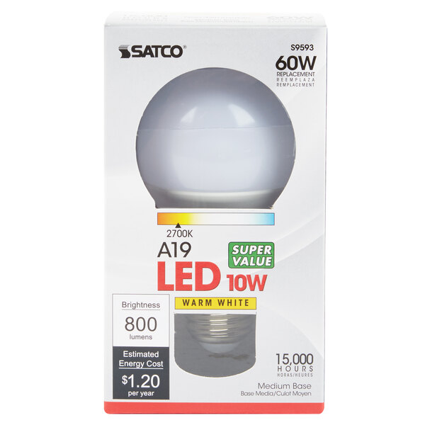 A white round Satco LED light bulb with black text on the box.