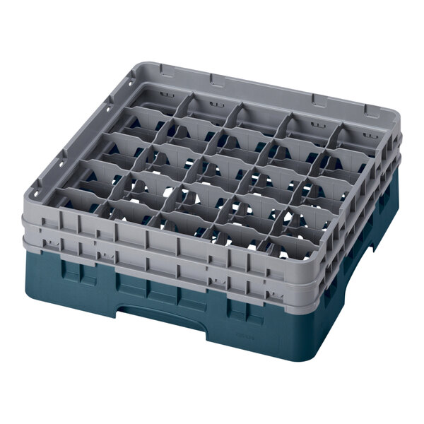 A teal plastic Cambro glass rack with 25 compartments.
