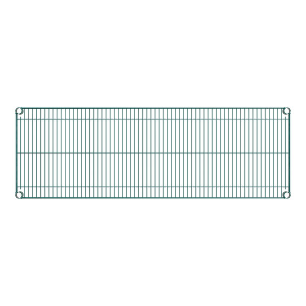 A rectangular green wire shelf with a grid pattern and four corner mounting holes.