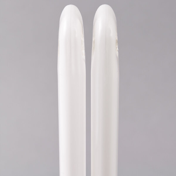 Two Satco HyGrade pin-based compact fluorescent light bulbs with white tubes and a black border.