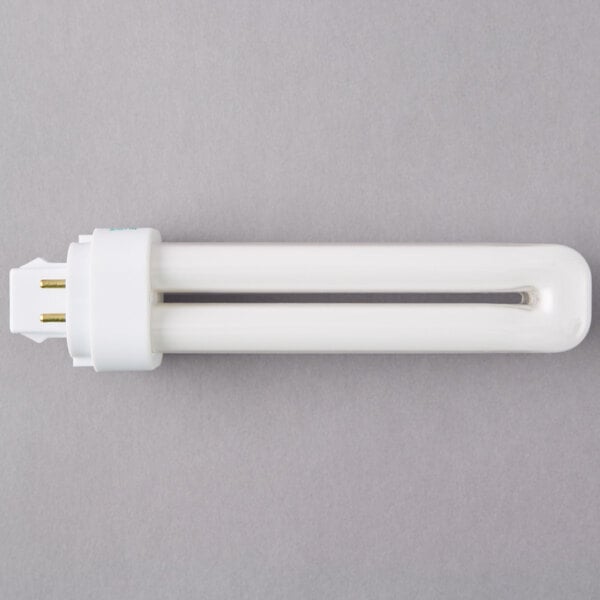 A Satco HyGrade cool white pin based compact fluorescent light bulb.