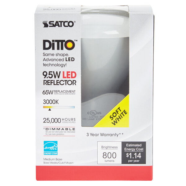 A white box of Satco LED light bulbs with a label.