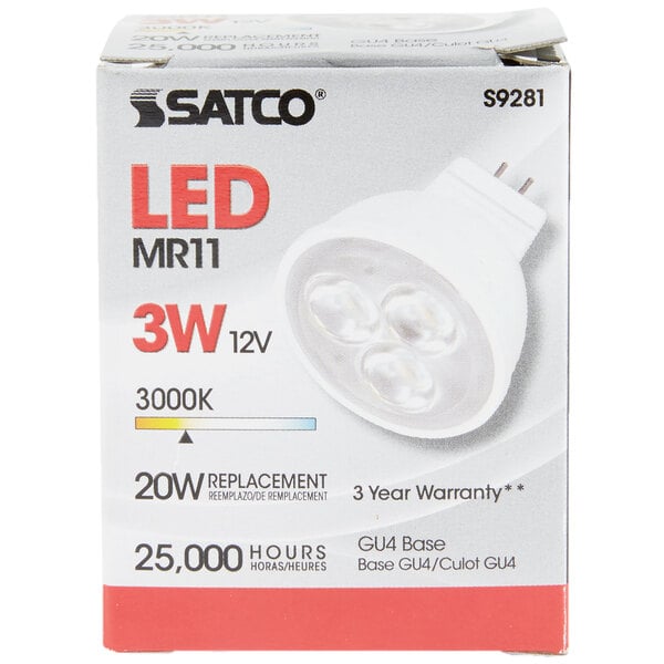 A white box with Satco MR11 LED light bulbs.