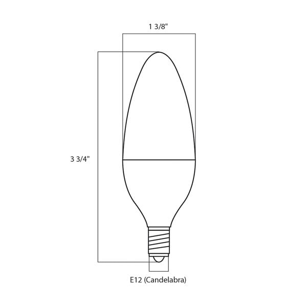 A diagram of a Satco clear LED candelabra light bulb.