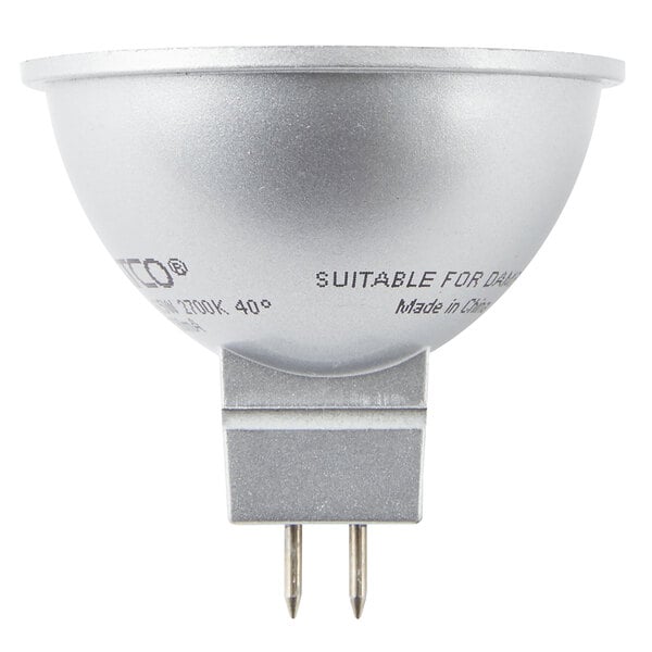 A Satco MR16 LED light bulb with a silver base.