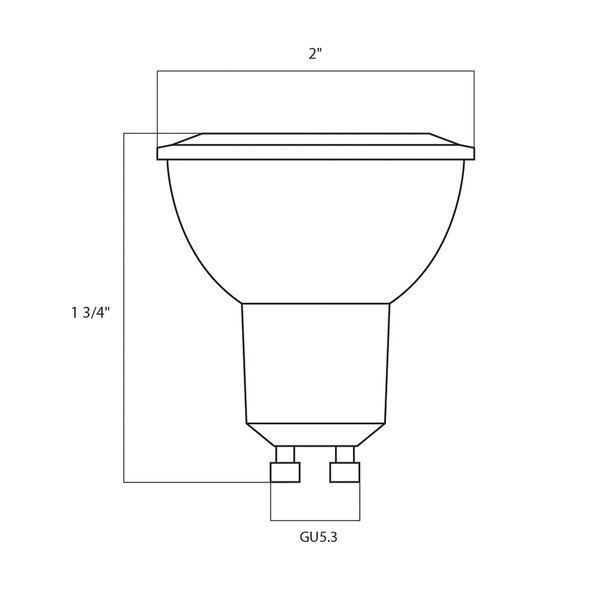 A drawing of a Satco MR16 LED reflector light bulb with dimensions.
