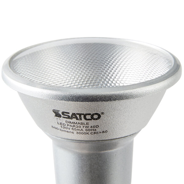A close up of a Satco PAR20 LED reflector light bulb with a white background.