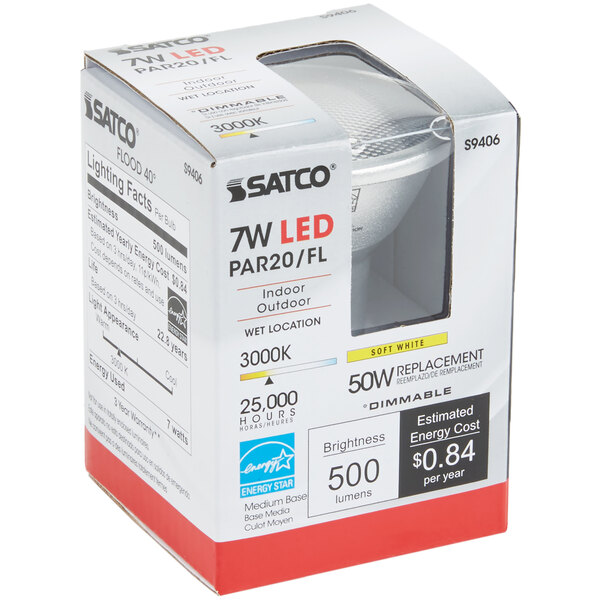 The white packaging of a Satco LED reflector light bulb.
